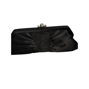 Franchi Black Satin Ruched Clutch Evening Bag Rhinestone Clasp Chain Strap